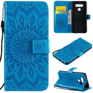For LG K51 Pressed Printing Sunflower Pattern Horizontal Flip PU Leather Case Holder & Card Slots & Wallet & Lanyard(Blue) (OEM)