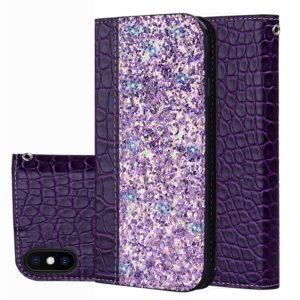 For iPhone X / XS Crocodile Texture Glitter Powder Horizontal Flip Leather Case with Card Slots & Holder(Purple) (OEM)