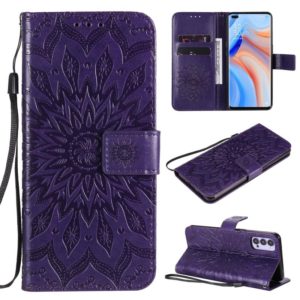 For OPPO Reno4 5G Sun Embossing Pattern Horizontal Flip Leather Case with Card Slot & Holder & Wallet & Lanyard(Purple) (OEM)