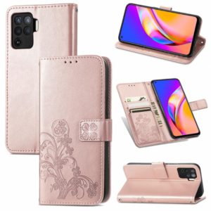 For OPPO A94 5G / F19 Pro+ / Reno5 Z Four-leaf Clasp Embossed Buckle Mobile Phone Protection Leather Case with Lanyard & Card Slot & Wallet & Bracket Function(Rose Gold) (OEM)