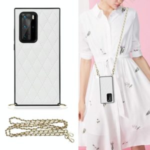 For Huawei P40 Pro Elegant Rhombic Pattern Microfiber Leather +TPU Shockproof Case with Crossbody Strap Chain(White) (OEM)