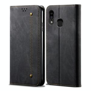 For Galaxy A20 / A30 Denim Texture Casual Style Horizontal Flip Leather Case with Holder & Card Slots & Wallet(Black) (OEM)