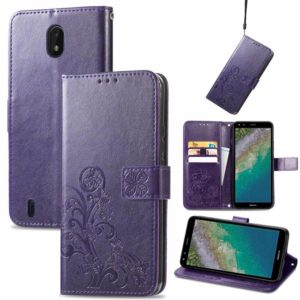 For Nokia C01 Plus Four-leaf Clasp Embossed Buckle Mobile Phone Protection Leather Case with Lanyard & Card Slot & Wallet & Bracket Function(Purple) (OEM)