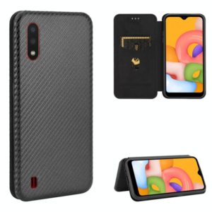 For Samsung Galaxy A01 Carbon Fiber Texture Horizontal Flip TPU + PC + PU Leather Case with Rope & Card Slot(Black) (OEM)
