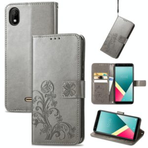 For Wiko Y61 Four-leaf Clasp Embossed Buckle Mobile Phone Protection Leather Case with Lanyard & Card Slot & Wallet & Bracket Function(Grey) (OEM)