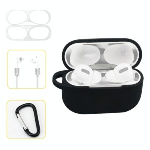 For AirPods Pro Silicone Wireless Earphone Protective Case Storage Box with Hook & Anti-drop Rope(Black+Silver Inner Sticker) (OEM)