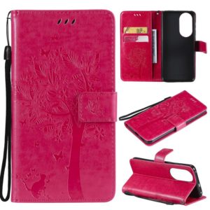 For Huawei P50 Tree & Cat Pattern Pressed Printing Horizontal Flip PU Leather Case with Holder & Card Slots & Wallet & Lanyard(Rose Red) (OEM)