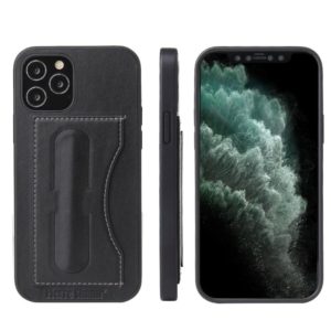 For iPhone 12 / 12 Pro Fierre Shann Full Coverage Protective Leather Case with Holder & Card Slot(Black) (OEM)