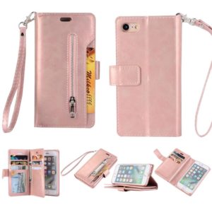 For iPhone SE 2022 / SE 2020 / 8 / 7 Multifunctional Zipper Horizontal Flip Leather Case with Holder & Wallet & 9 Card Slots & Lanyard(Rose Gold) (OEM)