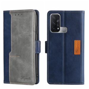 For OPPO Reno5 A Contrast Color Side Buckle Leather Phone Case(Blue + Grey) (OEM)