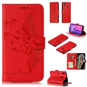 Feather Pattern Litchi Texture Horizontal Flip Leather Case with Wallet & Holder & Card Slots For Huawei Y9 (2019)(Red) (OEM)