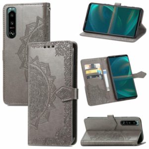 For Sony Xperia 5 III Mandala Flower Embossed Horizontal Flip Leather Case with Bracket / Card Slot / Wallet / Lanyard(Gray) (OEM)