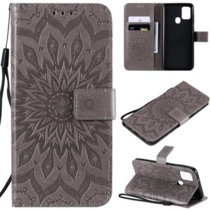 For Samsung Galaxy A21s Embossed Sunflower Pattern Horizontal Flip PU Leather Case with Holder & Card Slots & Wallet & Lanyard(Gray) (OEM)