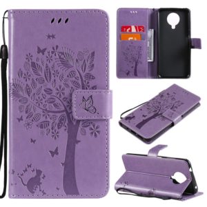 For Nokia G10 Tree & Cat Pattern Pressed Printing Horizontal Flip PU Leather Case with Holder & Card Slots & Wallet & Lanyard(Lavender) (OEM)