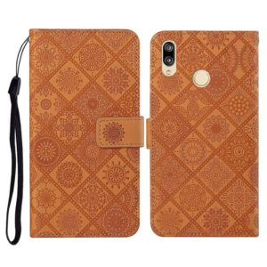 For Huawei Y7 (2019) Ethnic Style Embossed Pattern Horizontal Flip Leather Case with Holder & Card Slots & Wallet & Lanyard(Brown) (OEM)