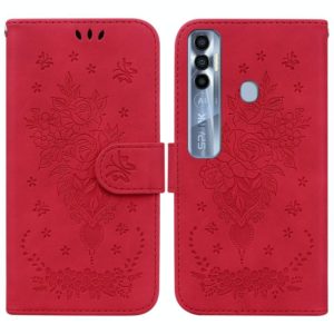 For Tecno Spark 7 Pro Butterfly Rose Embossed Leather Phone Case(Red) (OEM)