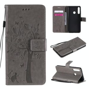 For Huawei Y6p Tree & Cat Embossed Pattern Horizontal Flip Leather Case with Holder & Card Slots & Wallet & Lanyard(Grey) (OEM)