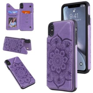 For iPhone XS Max Flower Embossing Pattern Shockproof Protective Case with Holder & Card Slots & Photo Frame(Purple) (OEM)