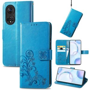 For Honor 50 Four-leaf Clasp Embossed Buckle Mobile Phone Protection Leather Case with Lanyard & Card Slot & Wallet & Bracket Function(Blue) (OEM)