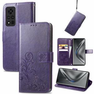 For Honor V40 5G Four-leaf Clasp Embossed Buckle Mobile Phone Protection Leather Case with Lanyard & Card Slot & Wallet & Bracket Function(Purple) (OEM)