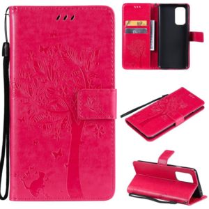 For OnePlus 9 Tree & Cat Pattern Pressed Printing Horizontal Flip PU Leather Case with Holder & Card Slots & Wallet & Lanyard(Rose Red) (OEM)