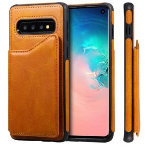 For Galaxy S10 Shockproof Calf Texture Protective Case with Holder & Card Slots & Frame(Brown) (OEM)