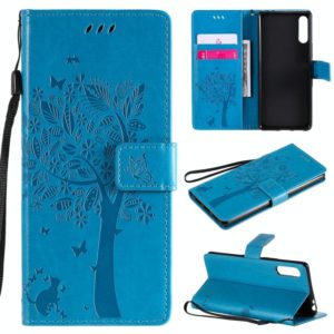 For Sony Xperia L4 Tree & Cat Embossed Pattern Horizontal Flip Leather Case with Holder & Card Slots & Wallet & Lanyard(Blue) (OEM)