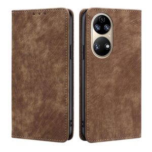 For Huawei P50 RFID Anti-theft Brush Magnetic Leather Phone Case(Brown) (OEM)