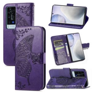 For vivo X60 Pro Butterfly Love Flowers Embossed Horizontal Flip Leather Case with Holder & Card Slots & Wallet & Lanyard(Dark Purple) (OEM)