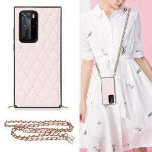 For Huawei P40 Pro Elegant Rhombic Pattern Microfiber Leather +TPU Shockproof Case with Crossbody Strap Chain(Pink) (OEM)