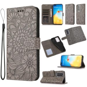 For Huawei P40 Pro Skin Feel Embossed Sunflower Horizontal Flip Leather Case with Holder & Card Slots & Wallet & Lanyard(Grey) (OEM)