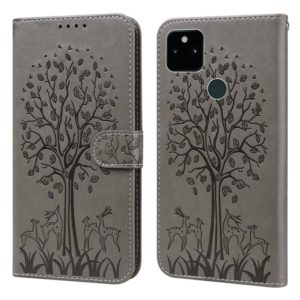 For Google Pixel 5a 5G Tree & Deer Pattern Pressed Printing Horizontal Flip Leather Phone Case(Grey) (OEM)