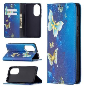 For Huawei P50 Colored Drawing Pattern Invisible Magnetic Horizontal Flip PU Leather Case with Holder & Card Slots & Wallet(Gold Butterflies) (OEM)