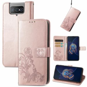 For Asus Zenfone 8 Flip Four-leaf Clasp Embossed Buckle Mobile Phone Protection Leather Case with Lanyard & Card Slot & Wallet & Bracket Function(Rose Gold) (OEM)