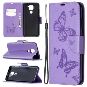 For Xiaomi Redmi Note 9 Two Butterflies Embossing Pattern Horizontal Flip Leather Case with Holder & Card Slot & Wallet & Lanyard(Purple) (OEM)
