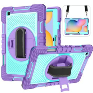 For Samsung Galaxy Tab S6 Lite P610/P615 360 Degree Rotation Contrast Color Shockproof Silicone + PC Case with Holder & Hand Grip Strap & Shoulder Strap(Purple + Mint Green) (OEM)