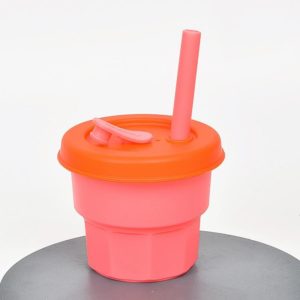 Children Silicone Straw Cups Drop And High Temperature Resistant Water Cups Cherry Blossom Pink Cup + Orange Cover(300ml) (OEM)
