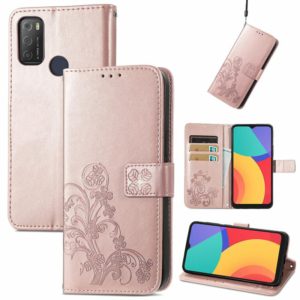 For Alcatel 1S 2021 Four-leaf Clasp Embossed Buckle Mobile Phone Protection Leather Case with Lanyard & Card Slot & Wallet & Bracket Function(Rose Gold) (OEM)