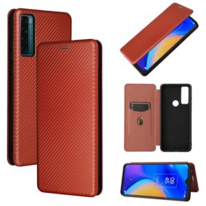 For TCL 20 SE Carbon Fiber Texture Horizontal Flip TPU + PC + PU Leather Case with Card Slot(Brown) (OEM)