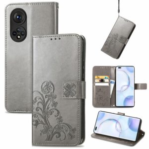 For Honor 50 Pro Four-leaf Clasp Embossed Buckle Mobile Phone Protection Leather Case with Lanyard & Card Slot & Wallet & Bracket Function(Gray) (OEM)