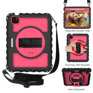 For iPad Air 2022 / 2020 10.9 360 Degree Rotation PC + Silicone Shockproof Combination Case with Holder & Hand Grip Strap & Neck Strap & Pen Slot Holder(Black+Hot Pink) (OEM)