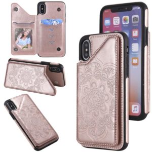For iPhone X / XS Flower Embossing Pattern Shockproof Protective Case with Holder & Card Slots & Photo Frame(Rose Gold) (OEM)