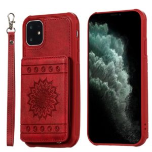 For iPhone 11 Sunflower Embossing Pattern PU + TPU Case with Holder & Card Slots & Photo Frame & Lanyard(Red) (OEM)