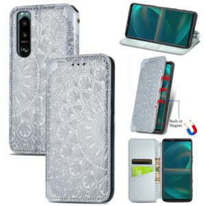 For Sony Xperia 5 III Blooming Mandala Embossed Pattern Magnetic Horizontal Flip Leather Case with Holder & Card Slots & Wallet(Gray) (OEM)