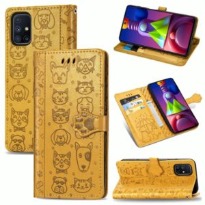 For Samsung Galaxy M51 Cute Cat and Dog Embossed Horizontal Flip Leather Case with Bracket / Card Slot / Wallet / Lanyard(Yellow) (OEM)