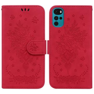 For Motorola Moto G22 Butterfly Rose Embossed Leather Phone Case(Red) (OEM)