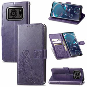For Sharp R6 Four-leaf Clasp Embossed Buckle Mobile Phone Protection Leather Case with Lanyard & Card Slot & Wallet & Bracket Function(Purple) (OEM)