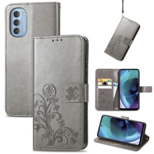 For Motorola Moto G51 5G Four-leaf Clasp Embossed Buckle Leather Phone Case(Gray) (OEM)
