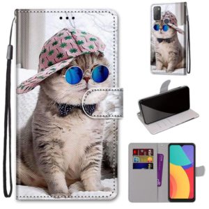 For Alcatel 3L 2021 Coloured Drawing Cross Texture Horizontal Flip PU Leather Case with Holder & Card Slots & Wallet & Lanyard(Slant Hat Blue Mirror Cat) (OEM)