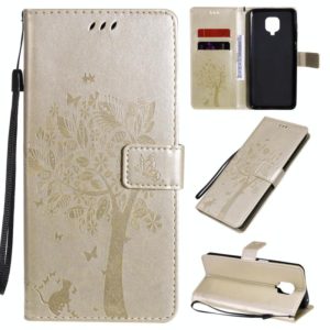 For Xiaomi Redmi Note 9 Pro Tree & Cat Embossed Pattern Horizontal Flip Leather Case with Holder & Card Slots & Wallet & Lanyard(Gold) (OEM)